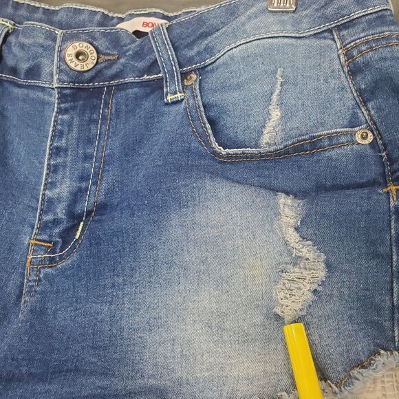 BONGO Womens Denim Shorts SZ Jr. 9 Medium Wash Raw Hem Distressed‎ Lace Y2K - Picture 6 of 8